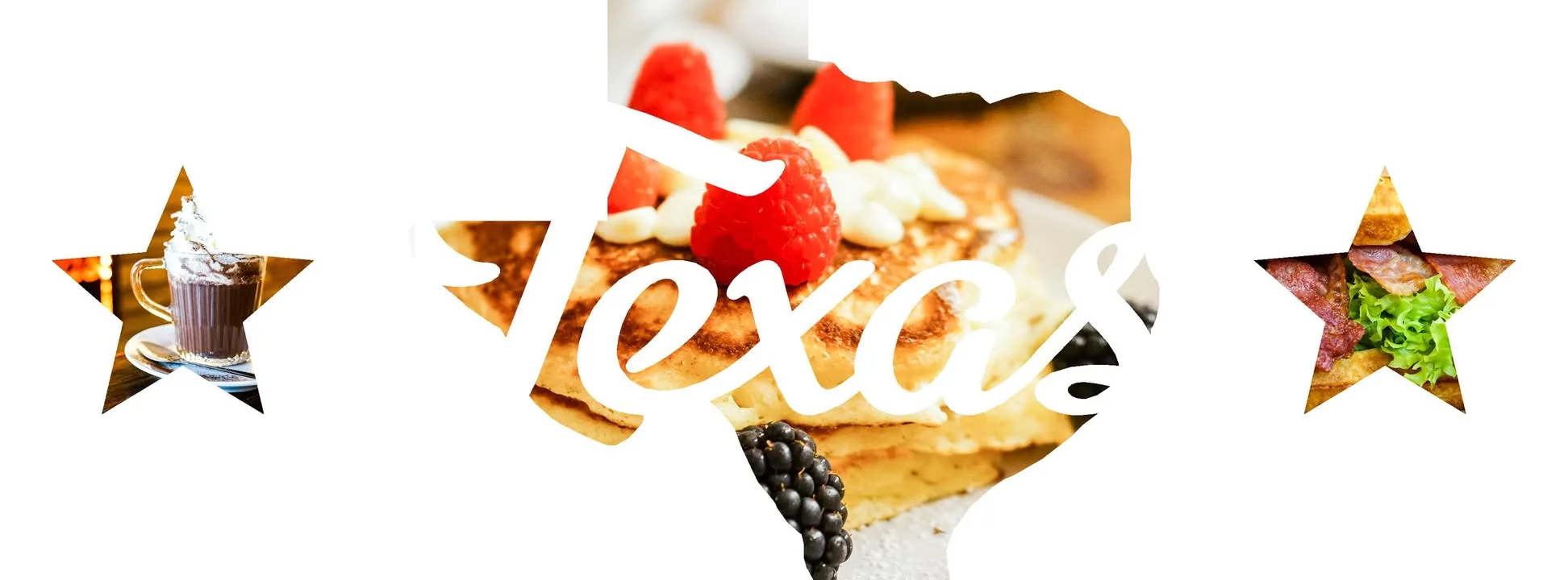 Le mot Texas sur une pile de pancakes aux framboises, dans la silhouette du Texas, entre un chocolat chaud et une gaufre BLT